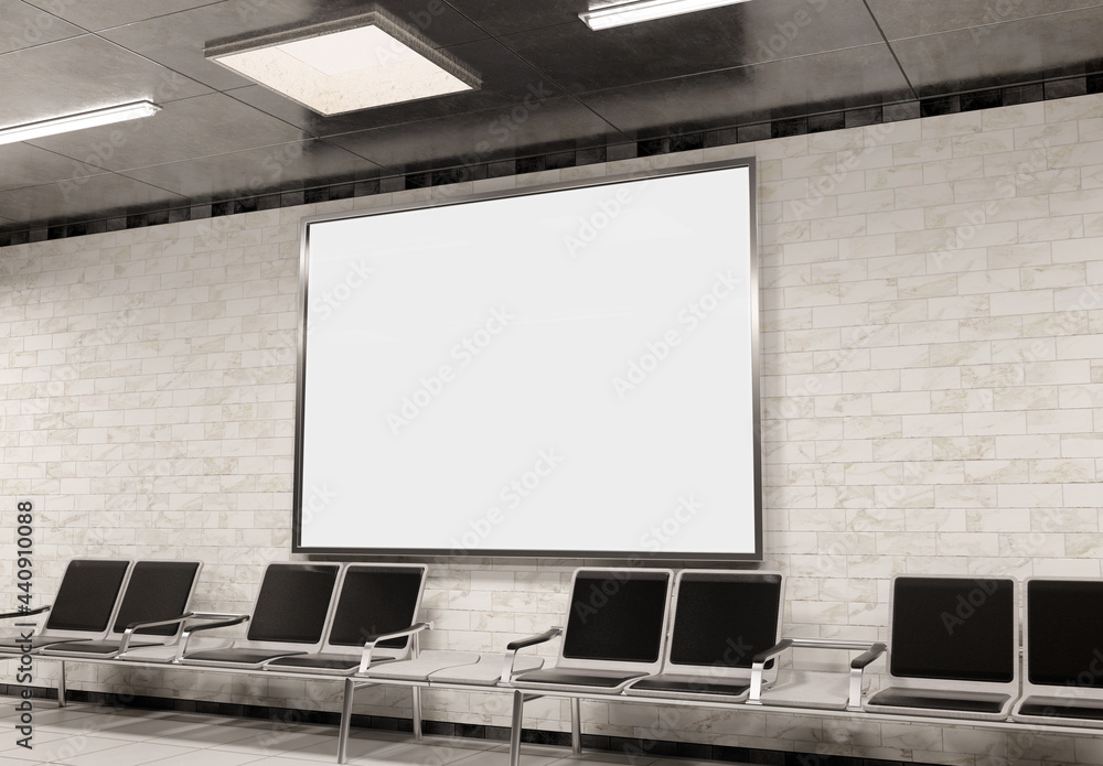 Horizontal A4 billboard on underground wall Mockup. Hoarding advertising on train station wall 3D rendering Horizontal A4 billboard on underground wall Mockup. Hoarding advertising on train station wall 3D rendering