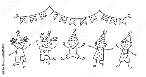 A group of happy jumping kids at a birthday party. Children jump under the bunting flags on a fun holiday. Hand drawn children drawing. Vector illustration isolated in doodle style on white background