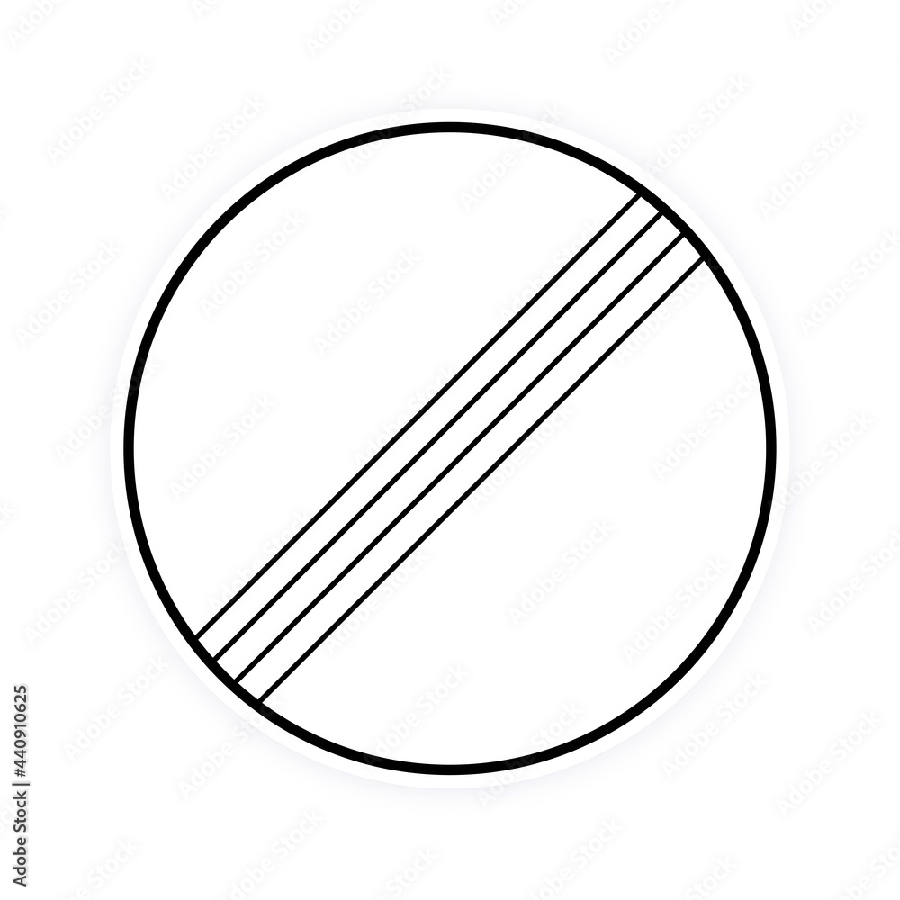 International round traffic derestriction end of speed limit sign flat style design vector illustration. White circle board with black stripe icon. End of prohibition traffic sign. International round traffic derestriction end of speed limit sign flat style design vector illustration. White circle board with black stripe icon. End of prohibition traffic sign.