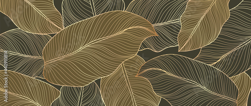 Abstract art Golden leaves background vector. Wallpaper design with line art texture from monstera leaves, Jungle leaves, exotic botanical floral pattern. Design for prints, banner, wall art.