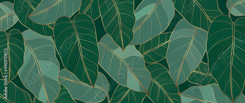 Abstract art Golden leaves background vector. Wallpaper design with line art texture from monstera leaves, Jungle leaves, exotic botanical floral pattern. Design for prints, banner, wall art.