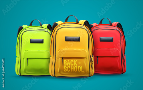 Back to school vintage sign with bright colorful school bags isolated on blue background.