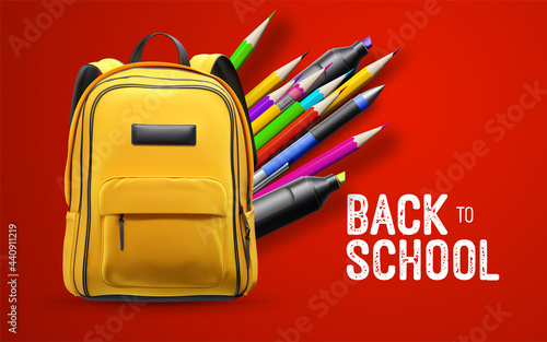 Back to school white vintage sign with yellow school backpack and stationery isolated on red background.