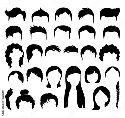 Big black hair silhouettes collection of fashionable haircuts or hairstyles for mens or girls, isolated on white background. Fashion hand drawn jpeg illustration