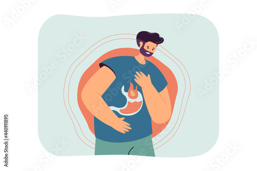 Cartoon man having stomachache. Flat vector illustration. Male character struggling from heartburn, reflux, gastritis, bloating, abdominal, pancreas problems. Gastroenterology, disease, health concept