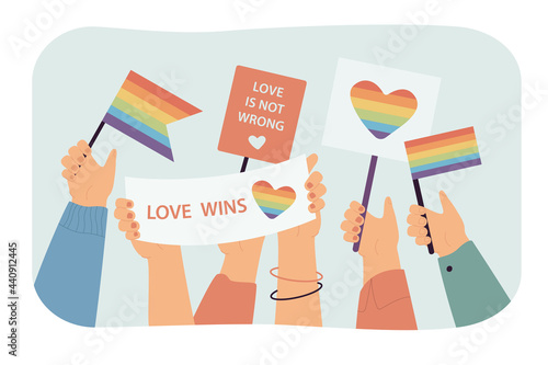 Multiple hands holding rainbow flags and banners. Flat vector illustration. Parade in support of identity and equality of transgender, bisexual, LGBT people. Pride month, solidarity, sexuality concept