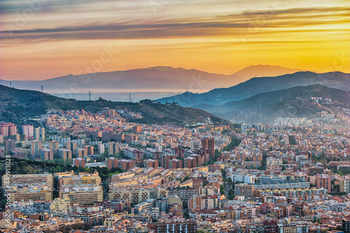 Barcelona Spain, high angle view sunrise city skyline from Bunkers del Carmel