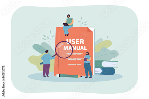 Tiny people studying user manual. Character with magnifier examining guidebook, girl reading handbook flat vector illustration. Instructions, guide concept for banner, website design or landing page