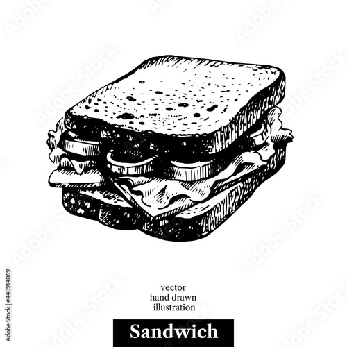 Sandwich. Vintage fast food hand drawn sketch illustration. Isolated background. Menu design