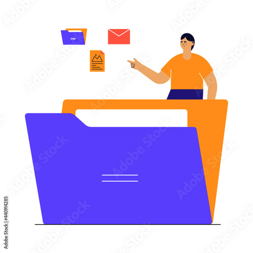 Office worker sorts and moves files. Modern concept of file management system; online document storage service; archive; paperwork organization. Flat cartoon vector illustration.