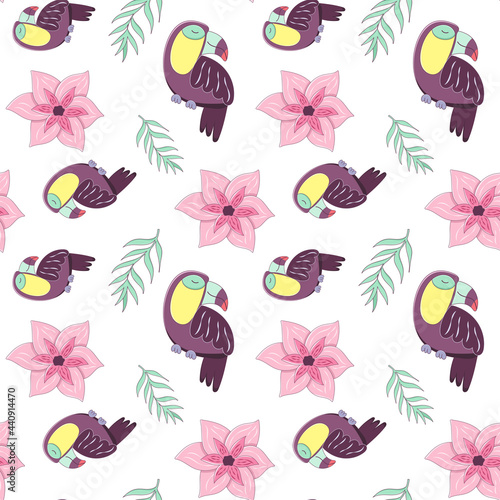 Seamless pattern with tropical flowers, leaves and toucan. Vector endless texture with exotic vegetation and birds in cartoon style with stroke