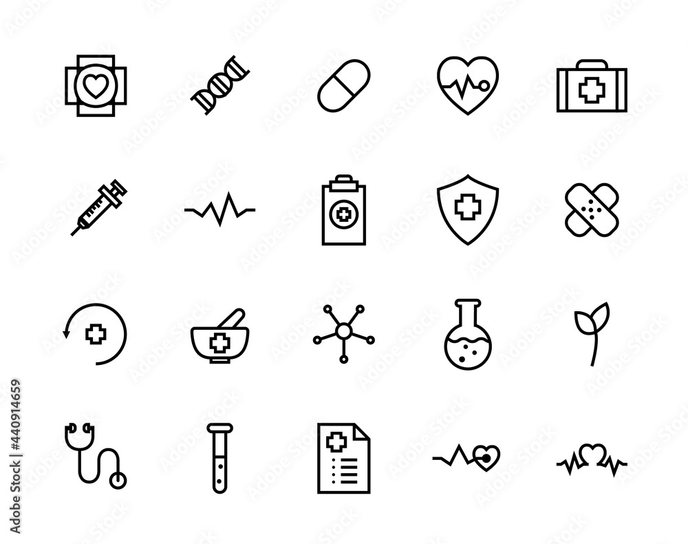 Fototapeta premium Vector set of Health icons. Line icons Healthy and app icon set. Simple graphic design ideas. Simple outline element collection. Editalbe Stroke