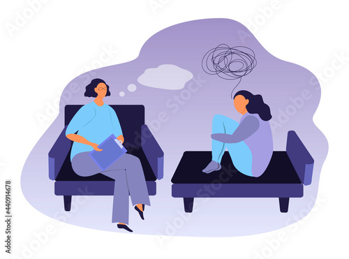 vector illustration on the theme of psychotherapy, a psychologist and a patient are talking on the couch. trend illustration in flat style
