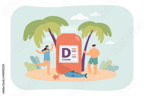 People on beach with huge vitamin D supplement. Sun and nutrients for good skin flat vector illustration. Health, pharmacy, deficiency concept for banner, website design or landing web page
