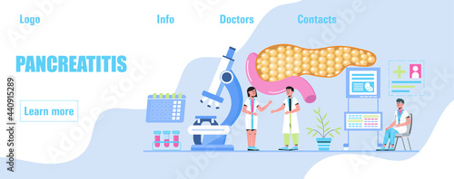 Pancreatitis concept vector. Pancreas doctors examine. Tiny therapist
