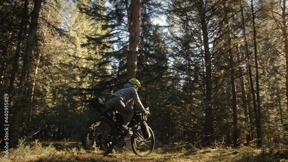 The woman travel on mixed terrain cycle touring with bike bikepacking outdoor. The traveler journey with bicycle bags. Stylish bikepacking, bike, sportswear in green black colors. Magic forest park. The woman travel on mixed terrain cycle touring with bike bikepacking outdoor. The traveler journey with bicycle bags. Stylish bikepacking, bike, sportswear in green black colors. Magic forest park.