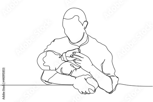 Continuous one line of man with little baby born in silhouette on a white background. Linear stylized.Minimalist. Fathers day concept