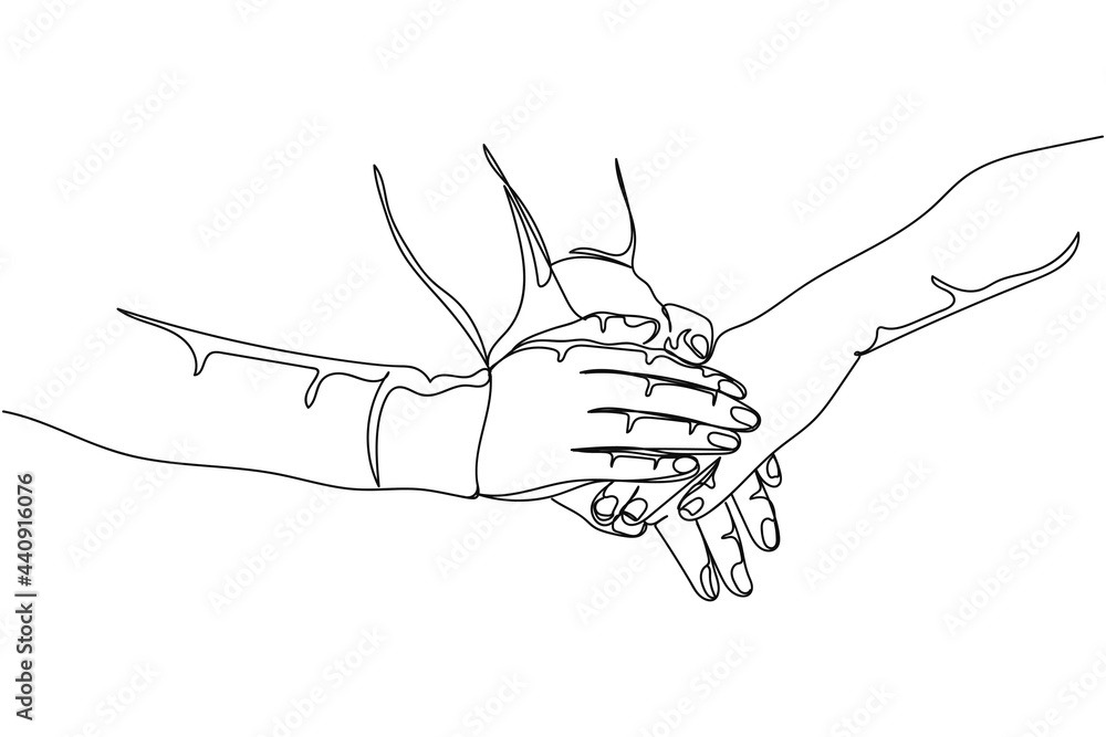 Obraz premium Continuous one line of hands holding couple hands in silhouette on a white background. Linear stylized.Minimalist.