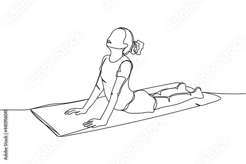 Continuous one line of girl performing stretching exercise yoga in silhouette on a white background. Linear stylized.Minimalist.