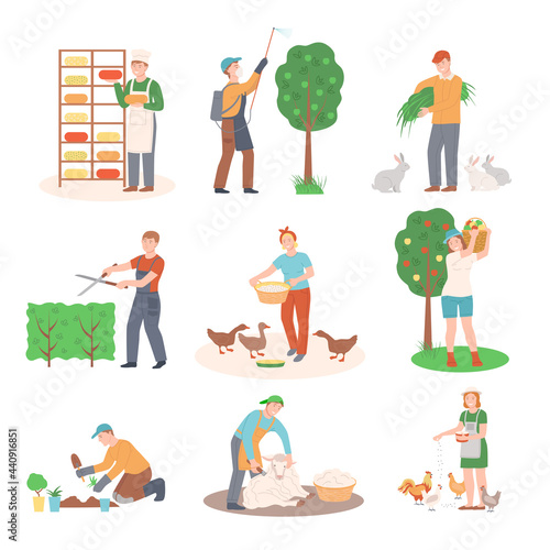 People Farmer Characters Feeding Livestock, Harvesting and Doing Garden Work Vector Illustration Set