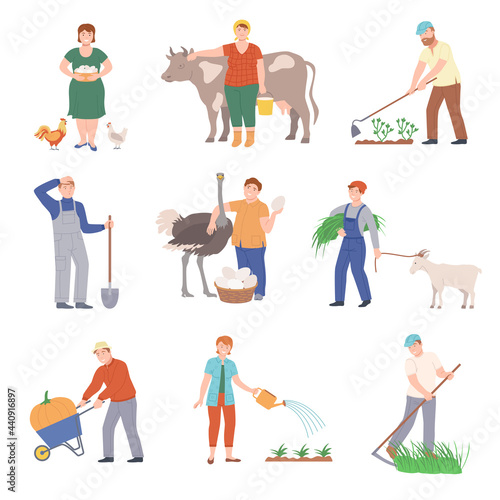People Farmer Characters Harvesting and Doing Garden Work Vector Illustration Set
