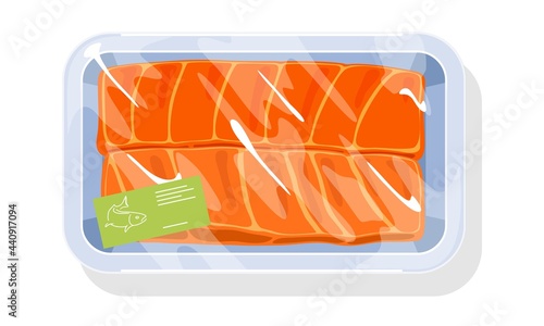 Cartoon of oily delicious fish fillet in tray, raw ocean product. Vector fresh meat steaks for cooking healthy protein meal. Concept of seafood, vegetarianism, premium fish isolated on white