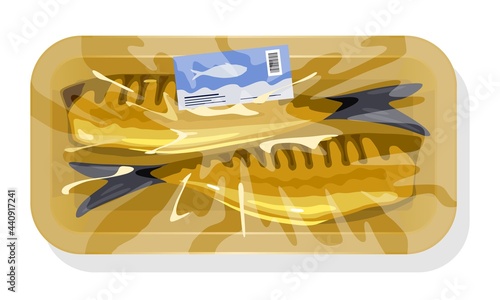 Cartoon of atlantic mackerel fish, smoked cooked fish, ready to eat. Vector oily dinner packed in plastic tray with polyethylene. Concept seafood, vegan food isolated on white