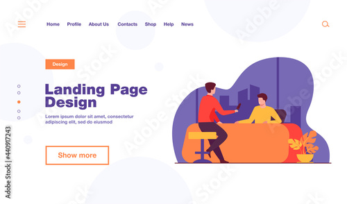 Journalist interviewing guy at desk. Microphone, discussion, speech flat vector illustration. Social media and communication concept for banner, website design or landing web page