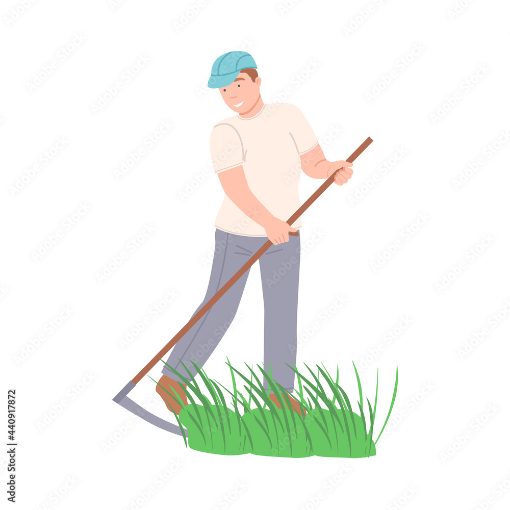 Male Farmer Cutting Grass with Scythe Vector Illustration Male Farmer Cutting Grass with Scythe Vector Illustration