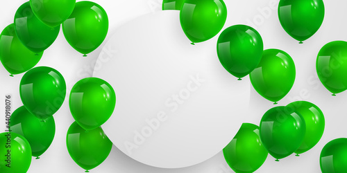 Celebration party banner with green color balloons background. Sale Vector illustration. Grand Opening Card luxury greeting rich. frame template.