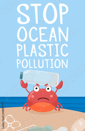 Web Banner Template Stop Plastic Pollution! Vector flat design. A crab with a plastic bottle in its claws, there is a lot of plastic waste around