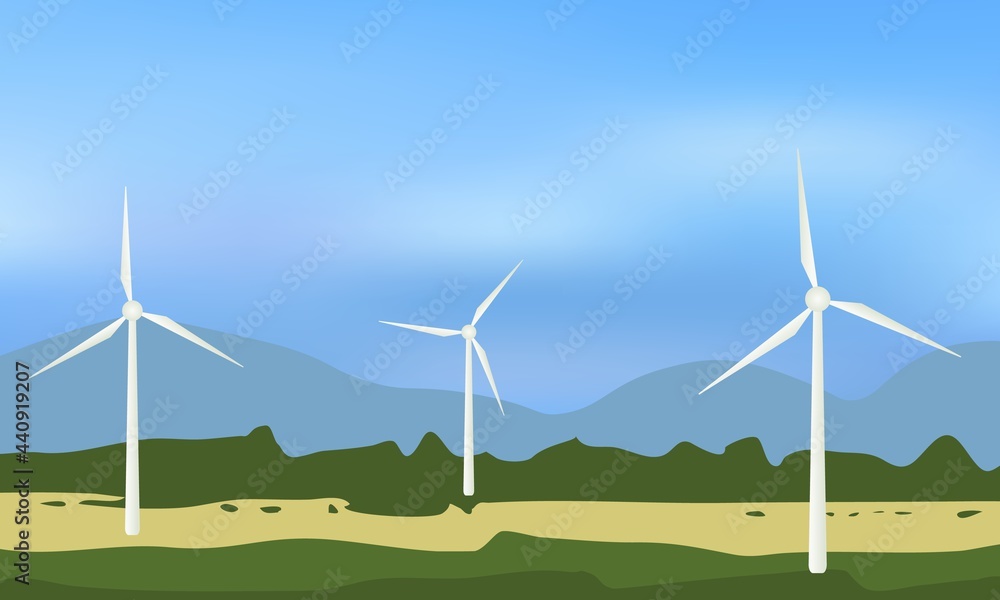 Wind turbines, ecological power generators, standing on the green camp with distant mountains.