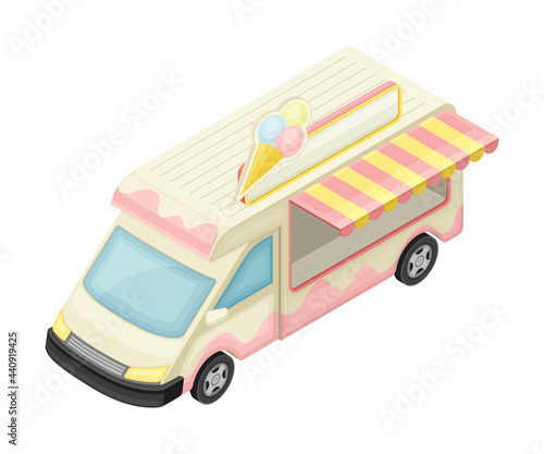 Van as Outdoor Food Court or Food Vendor Selling Ice Cream Isometric Vector Illustration