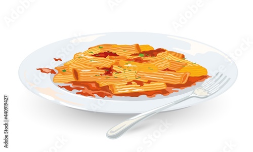 Cartoon of penne pasta with spicy arrabbiata sauce on plate. Vector boiled macaroni with tomato topping. Concept of amatriciana, italian traditional cuisine, food, restaurant meal isolated on white