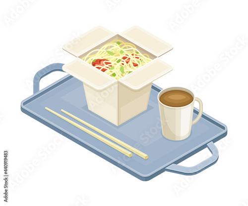 Tray with Noodle in Carton Box and Coffee from Food Court as Self-serve Dinner Isometric Vector Illustration