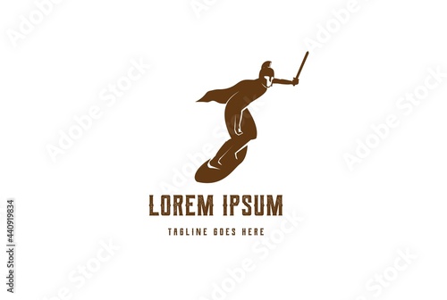 Vintage Retro Greek Roman Soldier with Surf Board for Sport Club Logo Design Vector