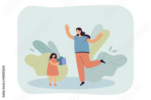 Daughter giving present to happy mother. Little girl holding gift box for woman flat vector illustration. Family, relationship, celebration concept for banner, website design or landing web page