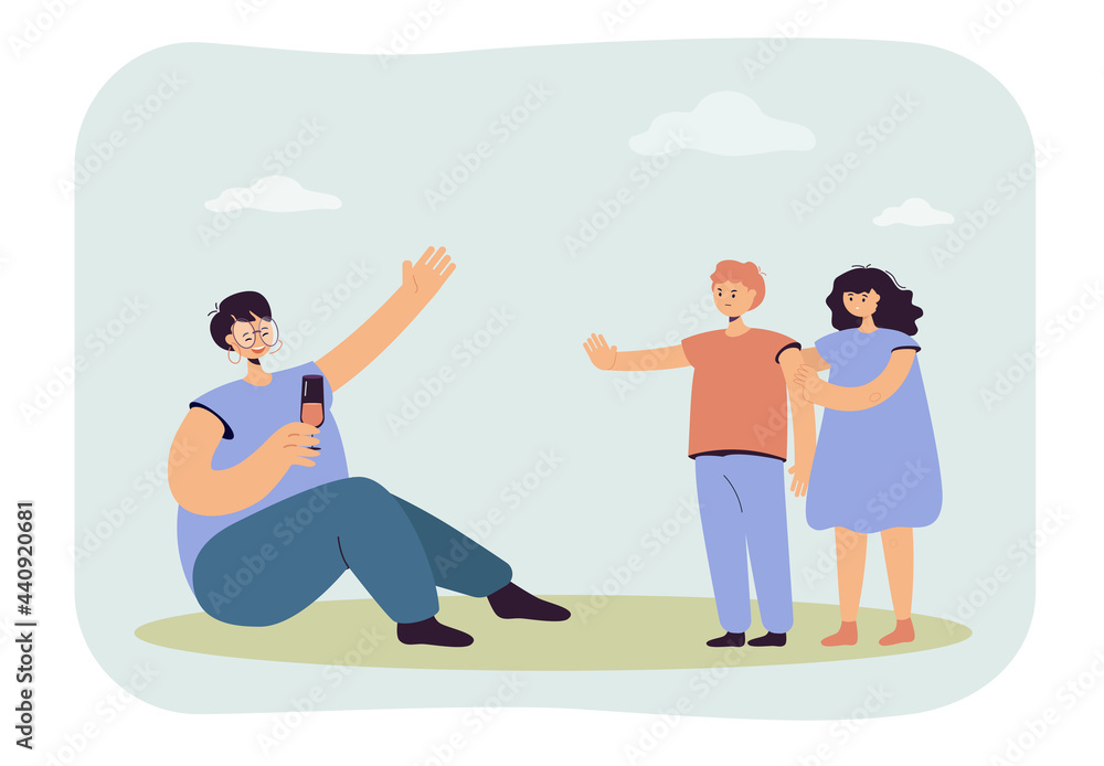 Son stopping mother from drinking. Drunk woman holding glass, daughter hiding behind brave boy flat vector illustration. Family, alcoholism concept for banner, website design or landing web page Son stopping mother from drinking. Drunk woman holding glass, daughter hiding behind brave boy flat vector illustration. Family, alcoholism concept for banner, website design or landing web page