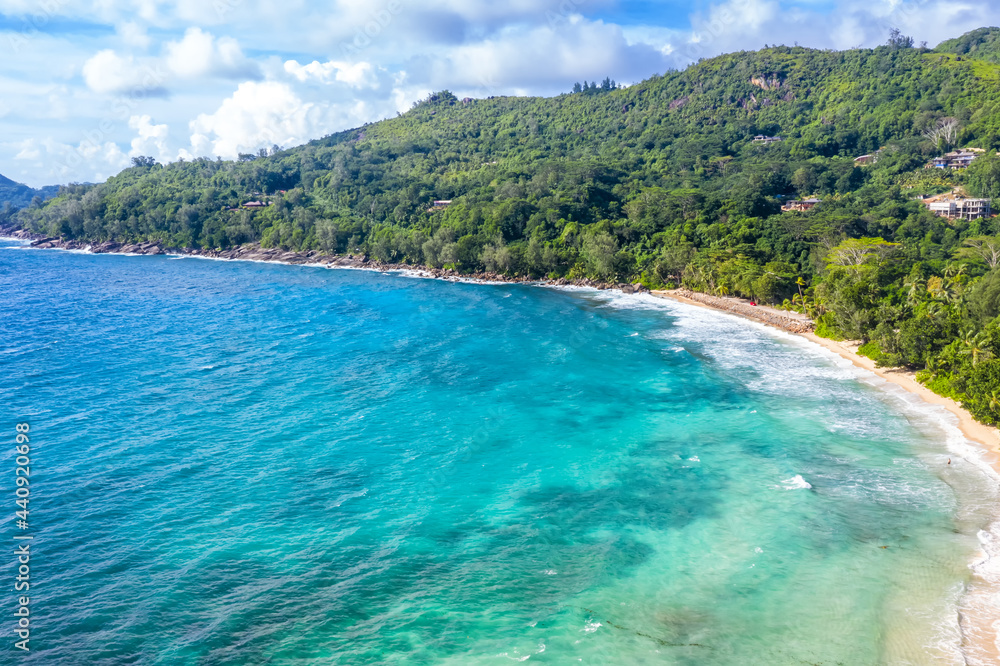 Seychelles Takamaka beach Mahe island vacation sea ocean palms drone view aerial photo