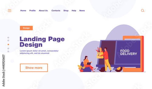 Happy woman ordering food online. Smartphone, laptop, courier flat vector illustration. Delivery service and nutrition concept for banner, website design or landing web page