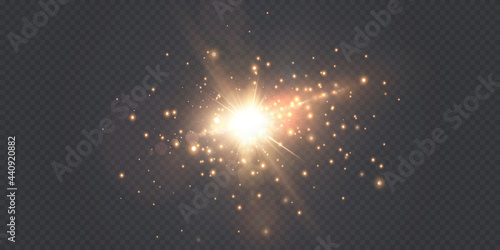 Light rays of light horizontal golden color with glare and flashes isolated on a transparent background. Light star gold png. Light sun gold png. Light flash gold png. Powder png.