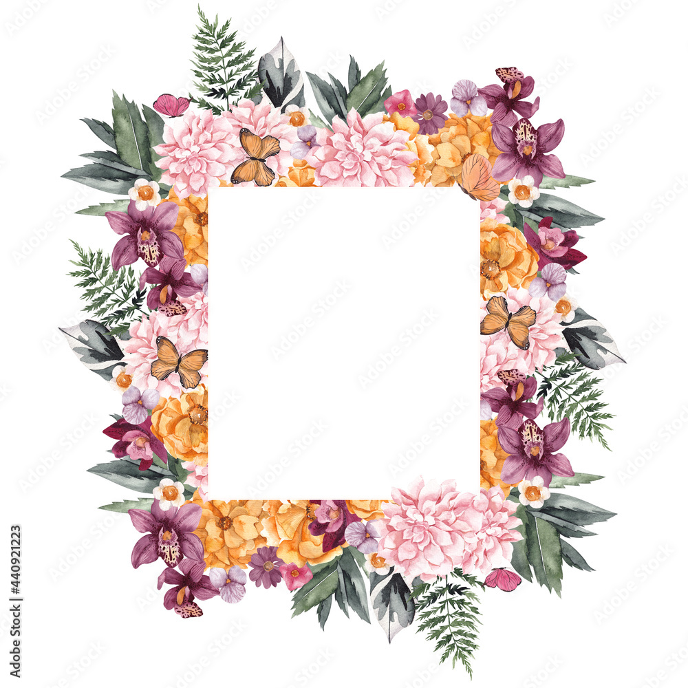 Obraz premium Watercolor frame with tropical frame, pretty flowers, mushroom and cactus, isolated on white background
