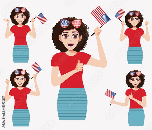 A Beautiful girl with the American flag. A set of fan emotions. Vector illustration in cartoon style