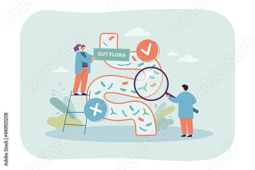 Tiny doctors examining bacteria in gut flora. Gastrointestinal tract with microbes flat vector illustration. Health, digestive system, medicine concept for banner, website design or landing web page