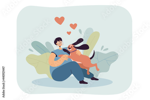 Female character playing with cute dog. Woman sitting on ground and laughing, animal jumping on lap flat vector illustration. Pets, domestic animals concept for banner, website design or landing page