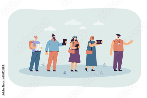 Excursion group following guide with gadgets and map. Flat vector illustration. Happy tourists travelling, visiting museums, cities, sightseeing. Vacation, travel, tourism concept for banner design