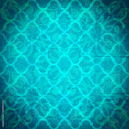 Old colorful blue turquoise color colored vintage shabby patchwork damask ornate arabesque motif tiles stone concrete cement wall wallpaper texture background square