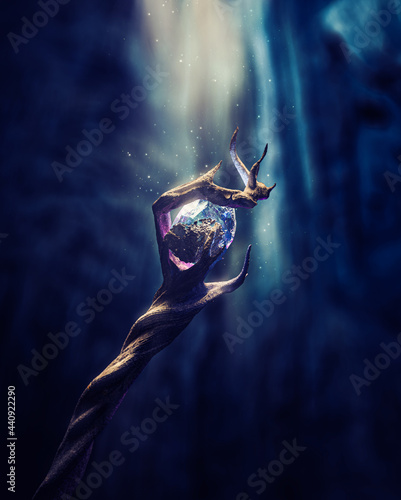 3D Rendering, illustration of a Magical wizard staff with a glowing gemstone on a dark background