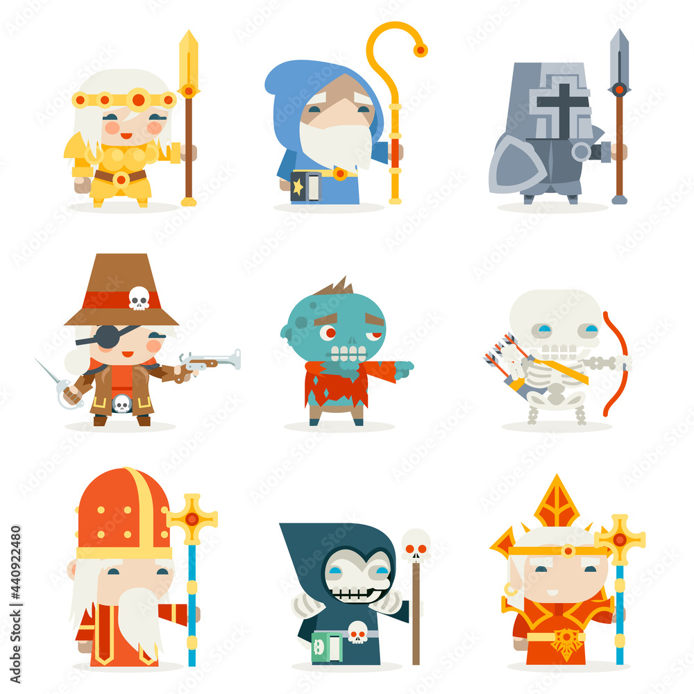 Set fantasy rpg game heroes villains character minions vector icons design flat vector illustration