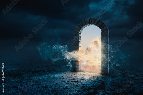3D Rendering, illustration of a stone archway opening to heaven or the afterlife photo